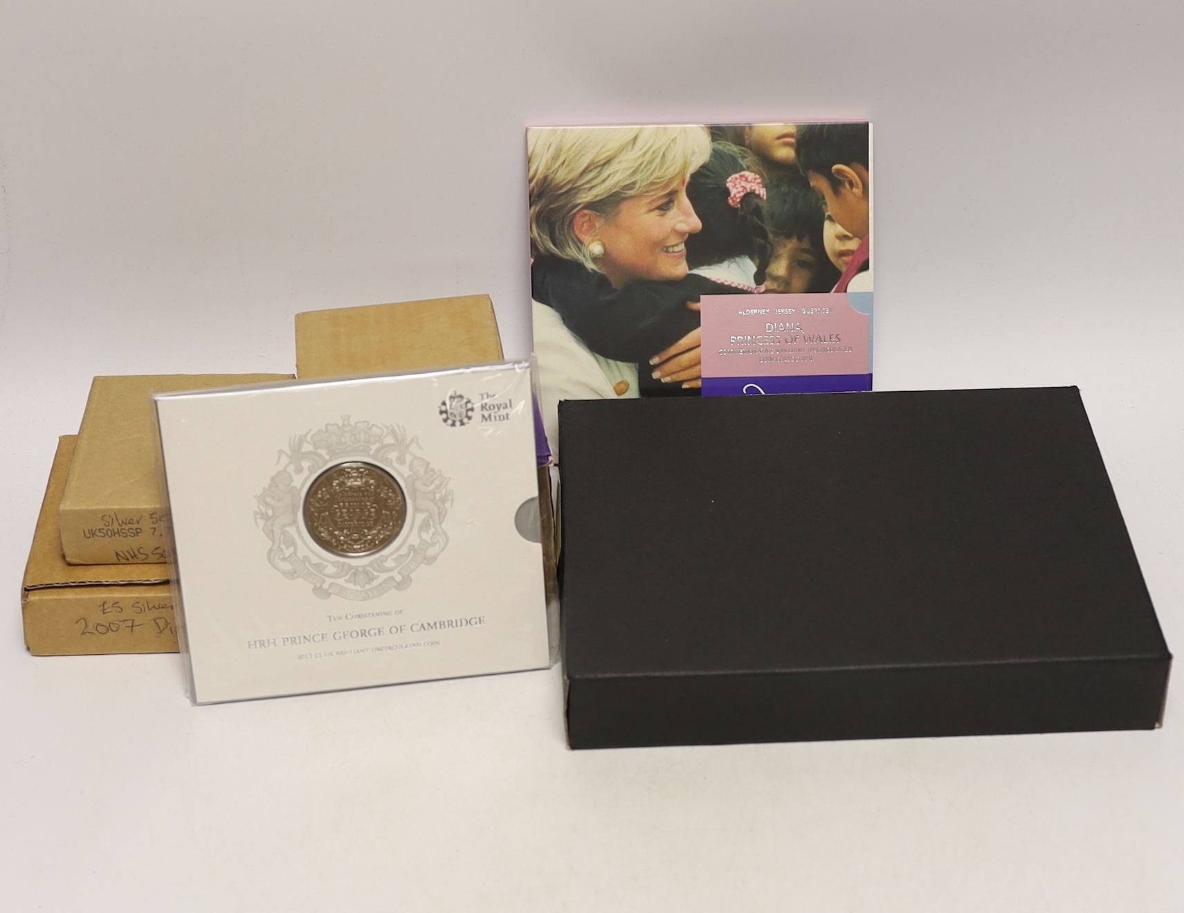 Royal Mint UK QEII proof silver coins - 2007 Diana £5, 1980 Queen Mother 80th crown, 1999 Edward and Sophie £1, 2003 Suffragettes 50p, 1998 NHS 50th 50p, together with 2013 George & the Dragon £20, 2008 Royal Shield of A